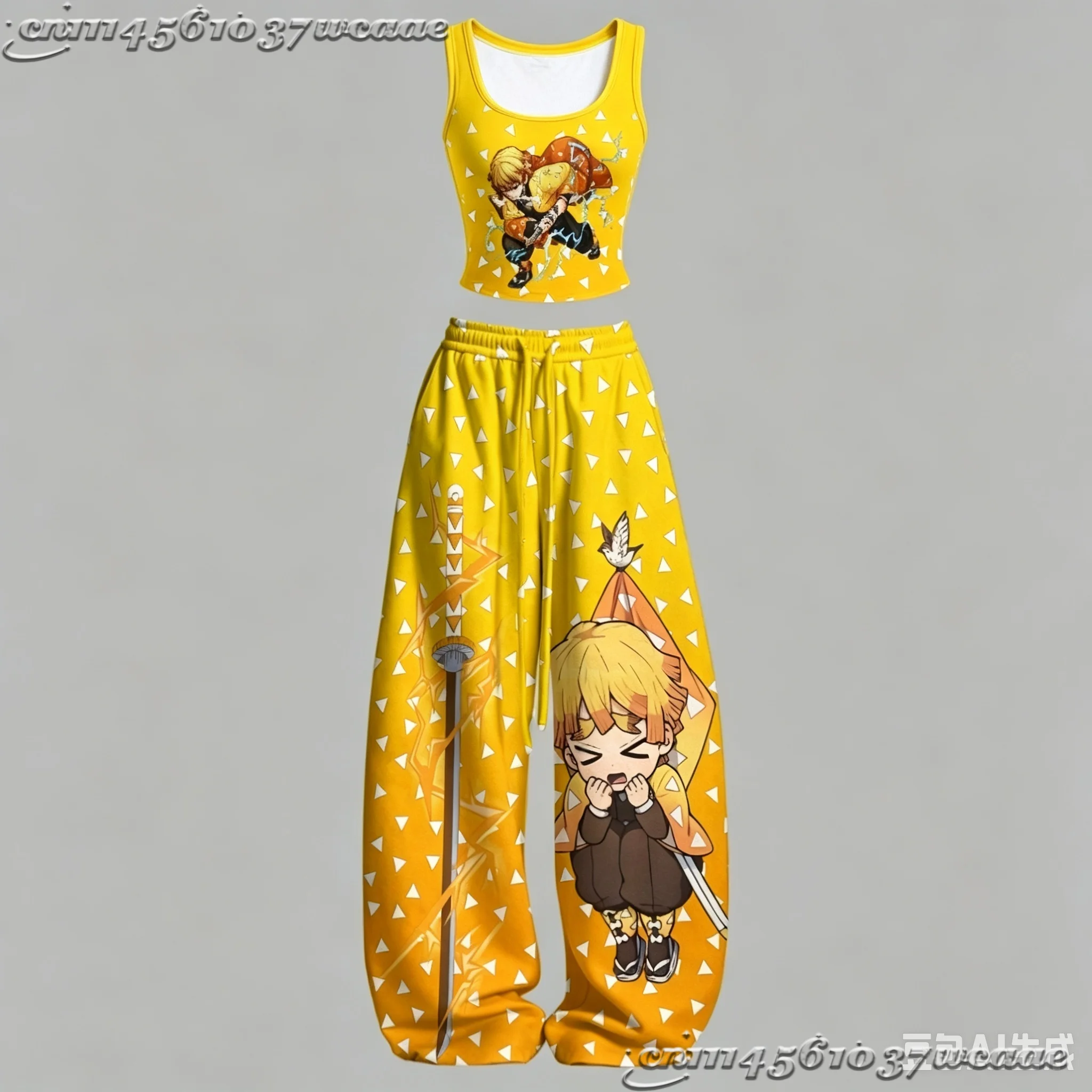 New Universal Tank Top Wide Leg Pants Set Demon Slayer Rengoku Kyojuro Flame Colorful Anime Print Two Piece Outfit Family Kids
