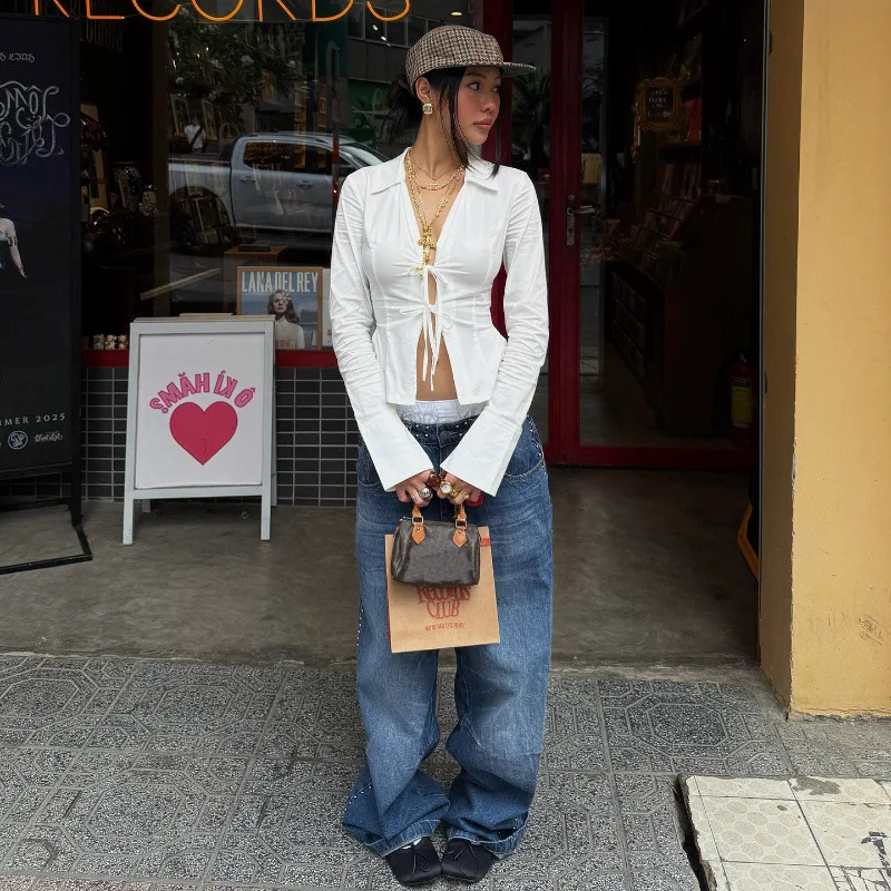 

Women Sexy Lace Up Shirts 2025 Autumn Turn Down Collar Long Sleeve Slim Cardigan Tops All Matching Fashion Streetwear T-shirt