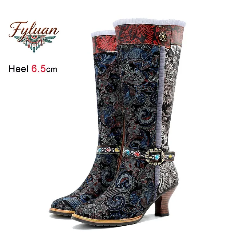

Ethnic Style High Heel Women Knee Length Boots Vintage Hand Rubbed Color Splicing Lace Coarse Heel Long Boots Fashion Lady Shoes