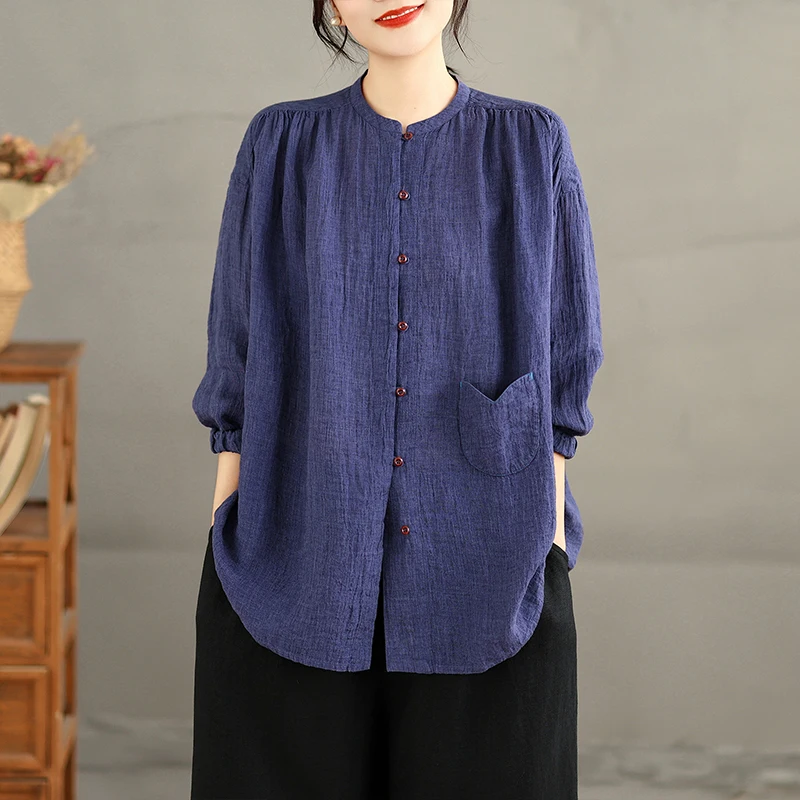 2026 Spring New Shirt Women's Loose Cotton Hemp Casual Shirt Blue Oriental Charm Literary Loose Wrinkle Large Size Shirt