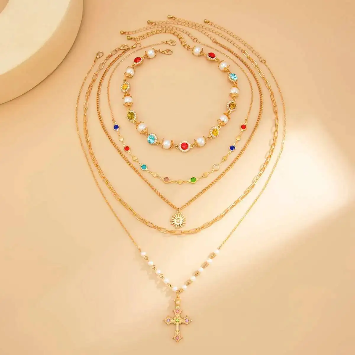 KunJoe 5Pcs/Set Elegant Imitation Pearl Crystal Choker Necklace Women Bridal Exquisite Cross Pendant Necklace Wedding Jewelry