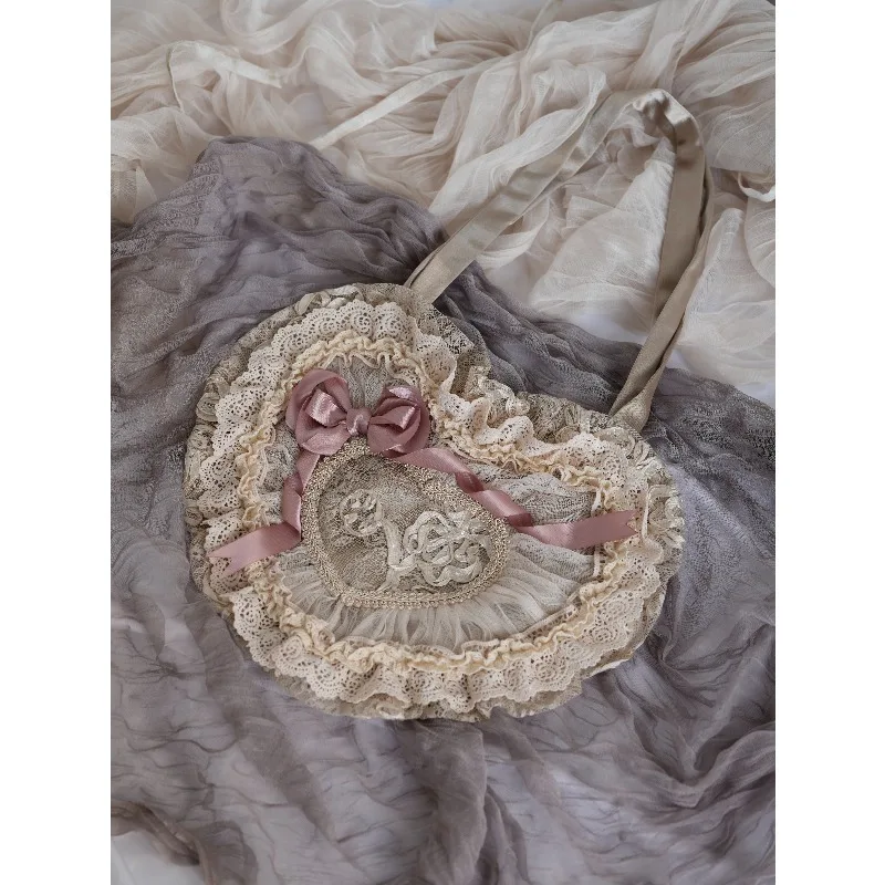 Spring 2026 Vintage Love Bags Sweet Lady Lolita Elegant Bow Lace Ruffled Edge Shoulder Bag Doll Lace Handbag for Women