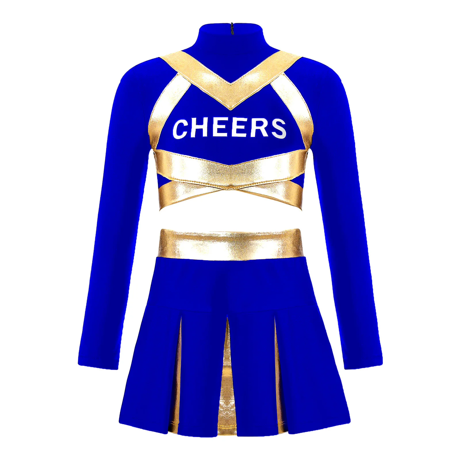 

Kids Girls Cheerleader Carnival Stage Dance Costume Long Sleeve Cheers Print Patchwork Crop Top And High Waist Pleated Skirt Set