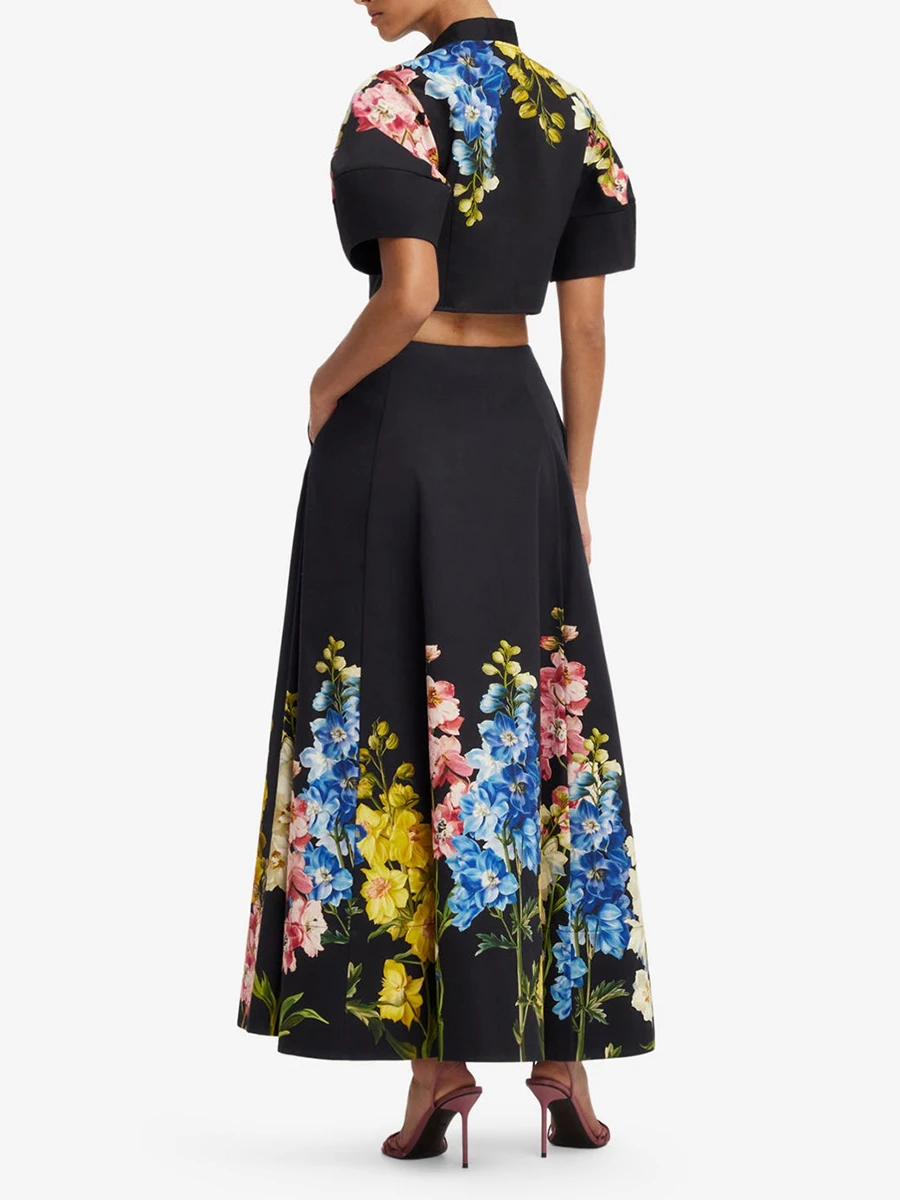 VGH Elegant Floral Printed Two Piece Sets for Women Neck Bow Puff Short Sleeve Crop Top A Line Midi Skirt for Party Vacation
