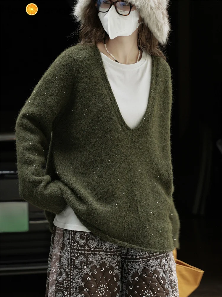 

HanOrange 2025 Winter Fashion Laziness Bright Silk Deep V-neck Wool Knitted Sweater Women Loose Casual Top Green