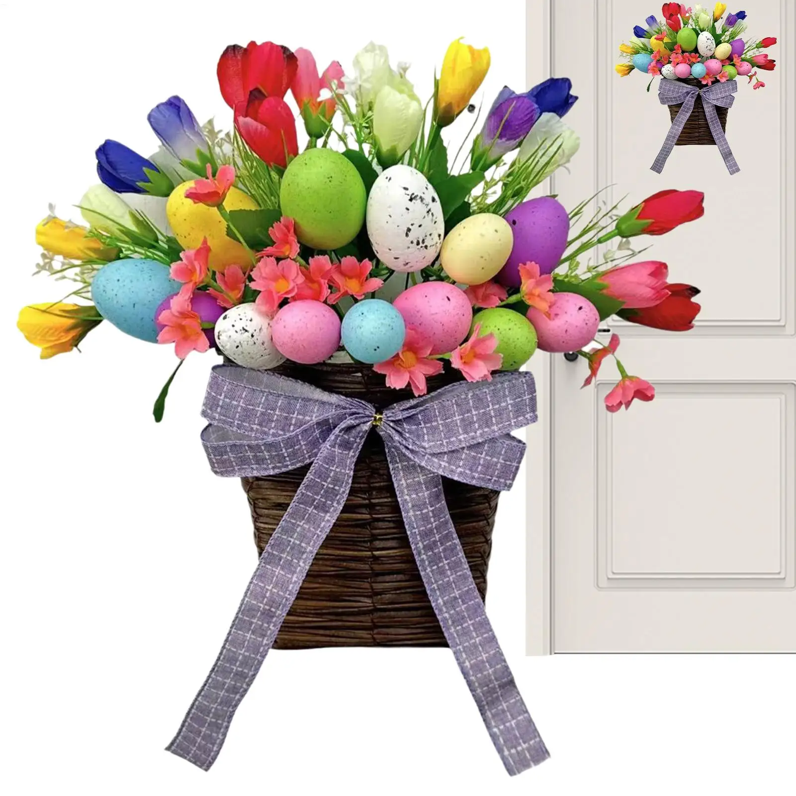 Spring Basket for Front Door Flower Artificial Egg Spring Home Decor Easter Door Decorations for Indoor Home Room Dormitory
