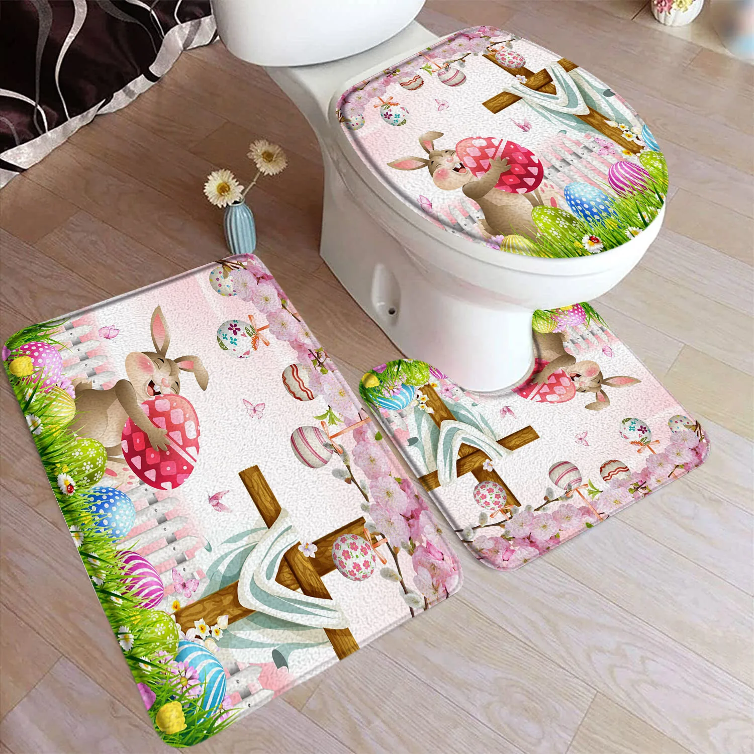 Funny Easter Bath Mat Set Cute Bunny Eggs Butterfly Blue Farm Truck Spring Plant Home Carpet Bathroom Decor Rug Toilet Lid Cover