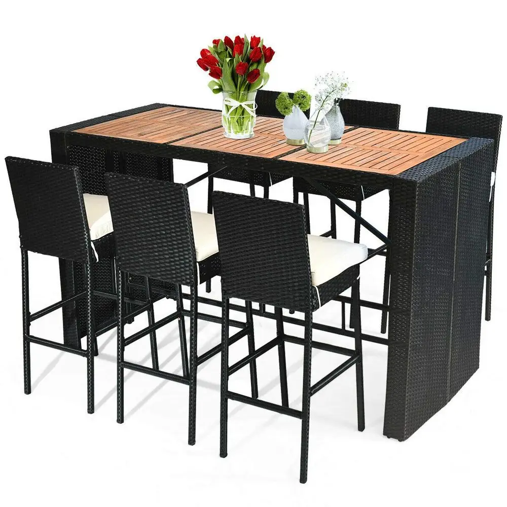 

7 PCS Outdoor Wicker Furniture with Acacia Wood Bar Table Top and Removable Cushion, Conversation Set for Dining, Patios, Backy