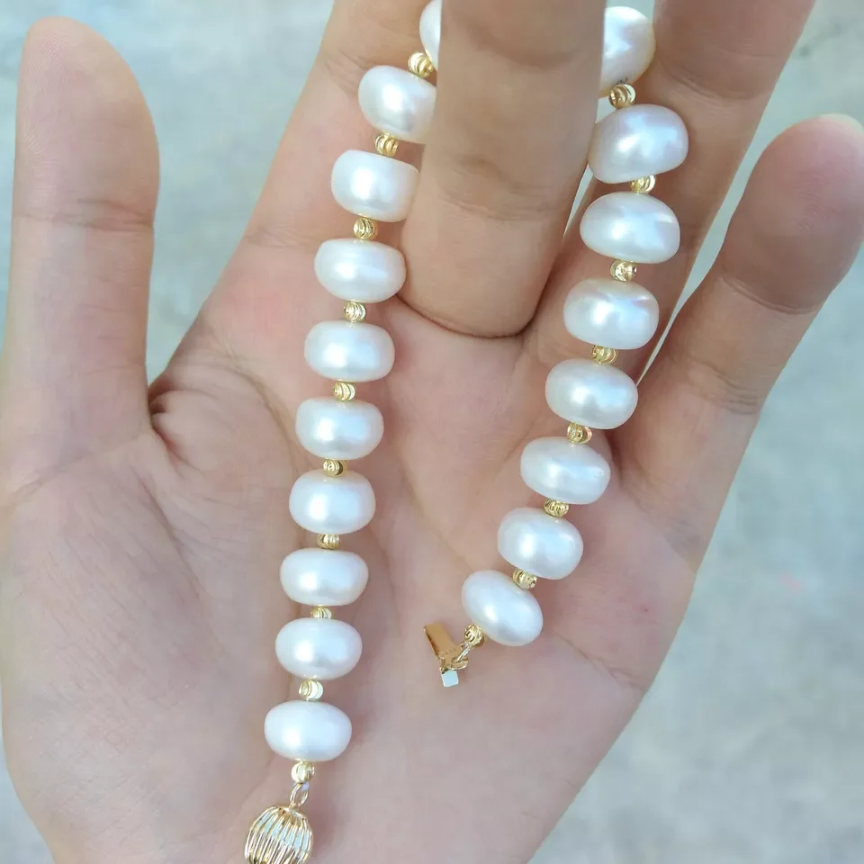 Beautiful AAA 8-10mm 7.5-8 inch design AAA Akoya white round real pearl bracelet 14k gold