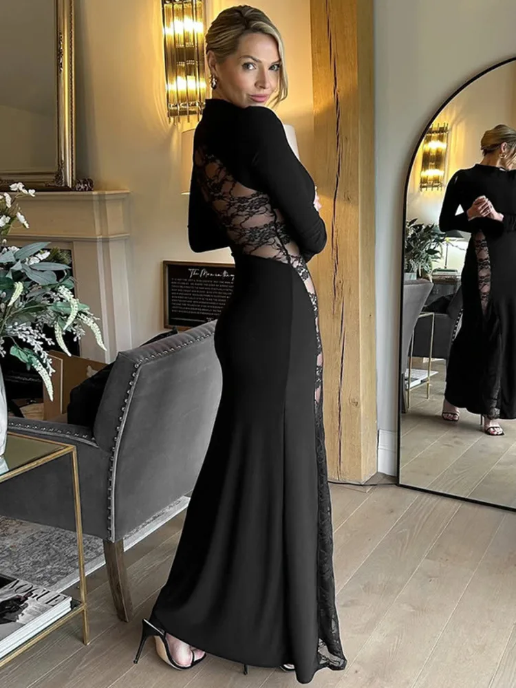 

Women Black Patchwork Hollow Out High Waist Bodycon Club Party Long Dress Lace See Through Long Sleeve Sexy Maxi Dress