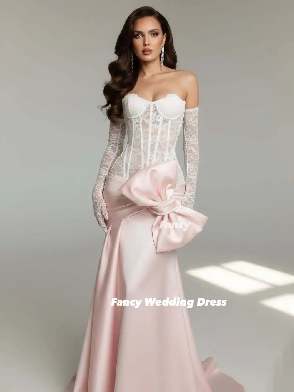 Fancy Customized Oversized satin bow accent Prom Dress Detachable lace gloves vestidos de noche Sheer lace contrast Formal