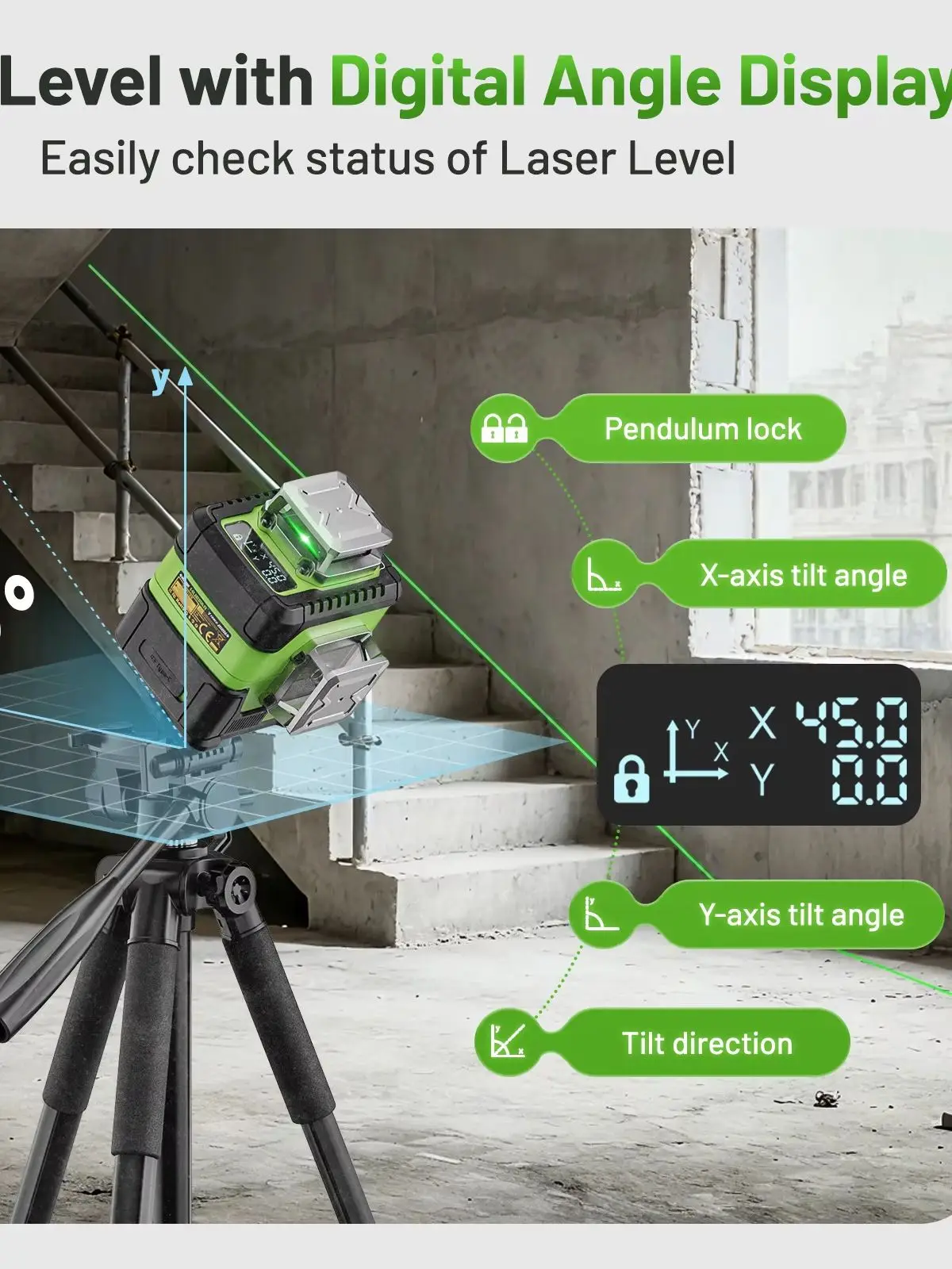 Huepar Y04CG 4D Kreuzlinienlaser Selbstnivellierender Grüner Laser mit Digitaler Winkelanzeige & Li-Ionen-Akku & Hartschalenkoffer