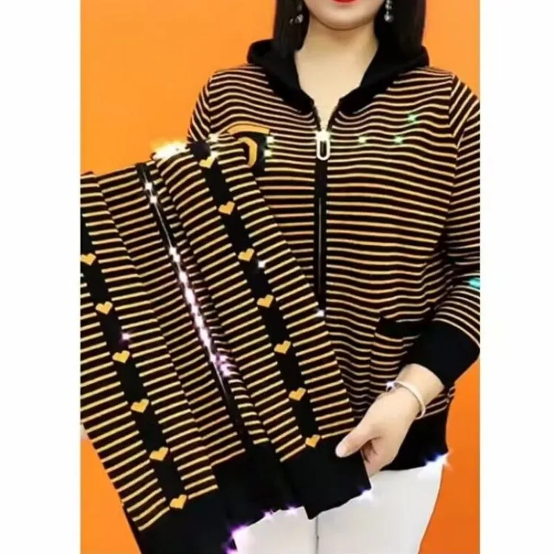 

New Style Knitted Cardigan for Women Loose Shawl Hooded Striped Sweater Jacket