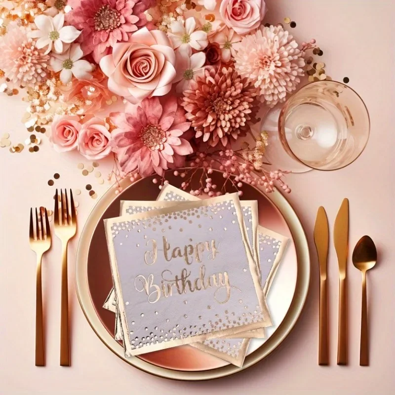 40枚使い捨てナプキンハッピーバースデーゴールドホットスタンピング紙プレースマット誕生日パーティーディナーテーブルレイアウト装飾用