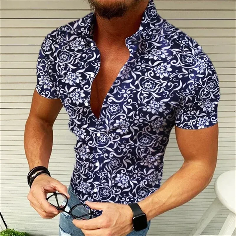 Fashionable New Men's Floral Shirt Hawaiian Short Sleeve Slim Button Lapel Shirt Floral Shirt Casual Summer Top Large Size S-5XL