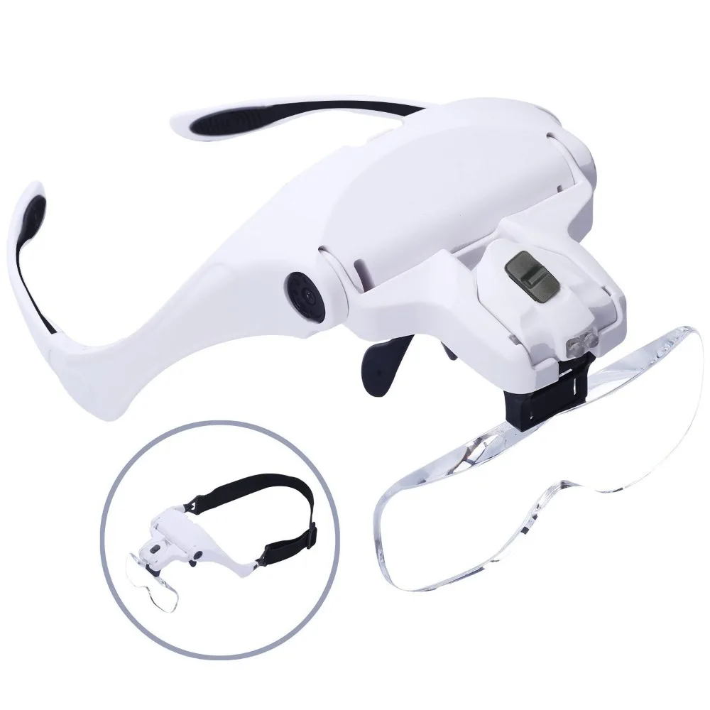 9892B2 Head Mount Magnifier Glasses with LED Light Interchangeable Lenses for Eyelash Extension Tattoo Watch Repair Reading