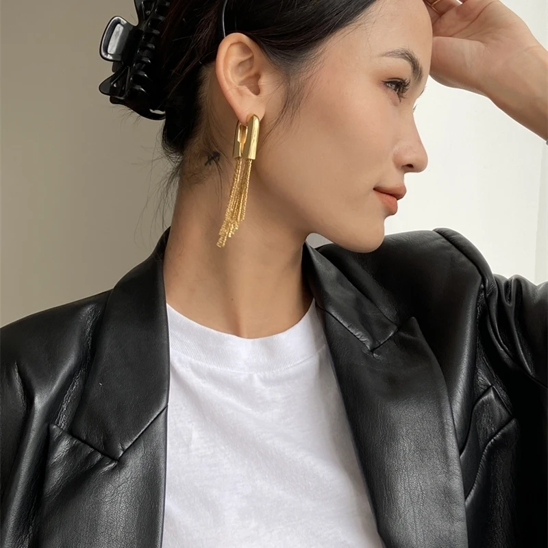 Brass With 18K Gold Long Tassel  Statement Drop Earrings Women Jewelry Party T Show Gown Punk Gothic Top Runway Korean Japan