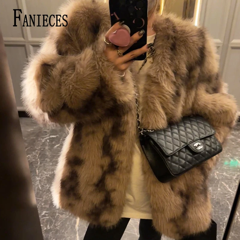 

FANIECES Gradient Faux Fur Coat Women Winter Outerwear Fashion Horn Button Lapel Fluffy Faux Fox Fur Jacket Luxury Fur Overcoat