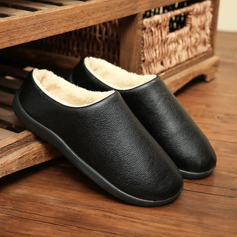 Men Winter Leather Slippers Bedroom Cotton Slippers Male Waterproof Thick Plus Velvet Indoor Warm House Home Slippers Shoes