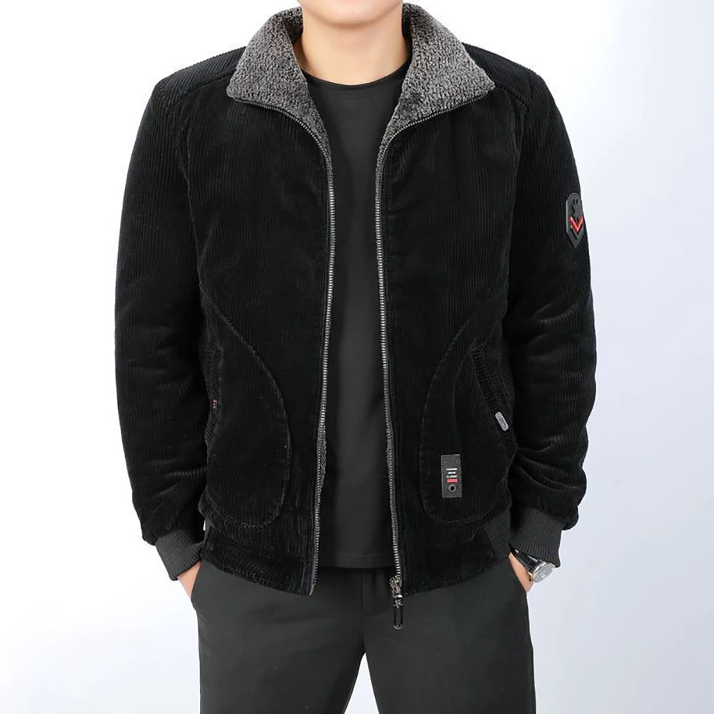 

Men's Casual Corduroy Cotton Keep Warm Winter Jacket Lapel Fashion Zipper Long Sleeve With Pockets Straight Outerwear Men Jacket