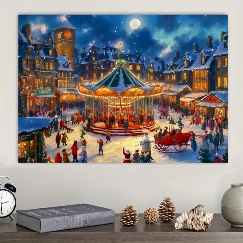 

1000pcs Christmas Village Puzzle/Adults Festive Winter Wonderland/Snowy Cobblestone Streets, Carousel & Moonlit Sky/Vibrant Ar