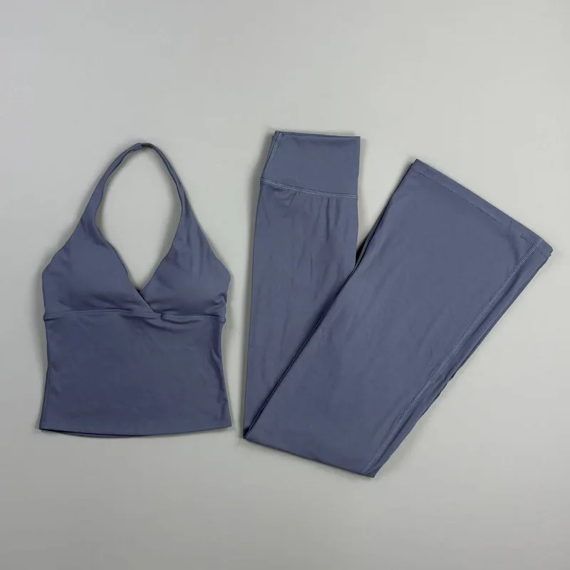 Damen 2-teiliges Gym-Set: Original Neckholder-Top, schmal geschnittene Yoga-Schlaghose, hochelastisch, weich, für Fitness, Workout, Pilates, Radfahren. – Detail 13