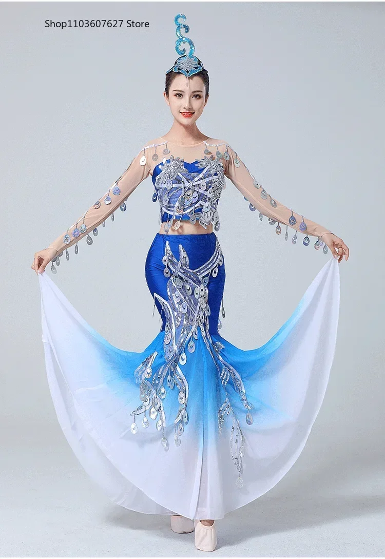 ethnic dance costume performance, water spirit dance, peacock dance, female adult clothing, sequin high-quality clothing