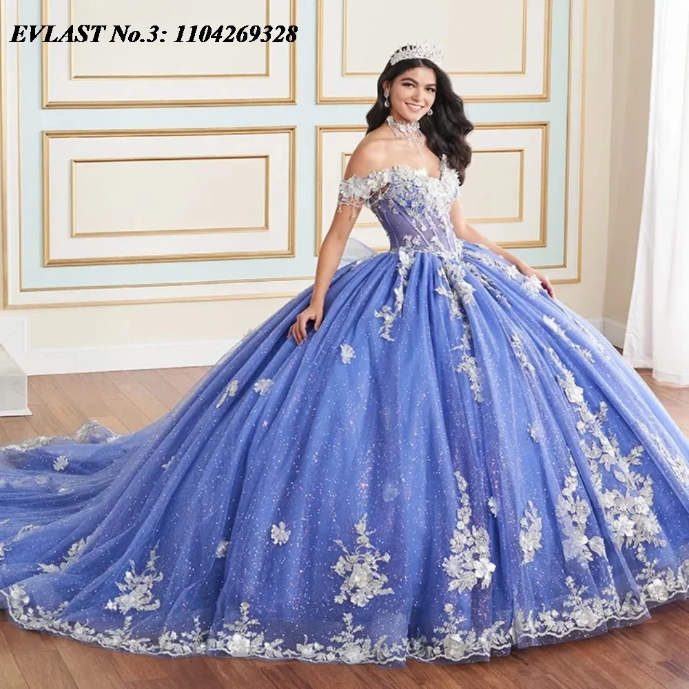 EVLAST Personalizado 2025 Rosa Quinceanera Vestido de Baile 3D Floral Applique Frisado Arco Espartilho Doce 16 Vestidos De 15 Anos E3Q103