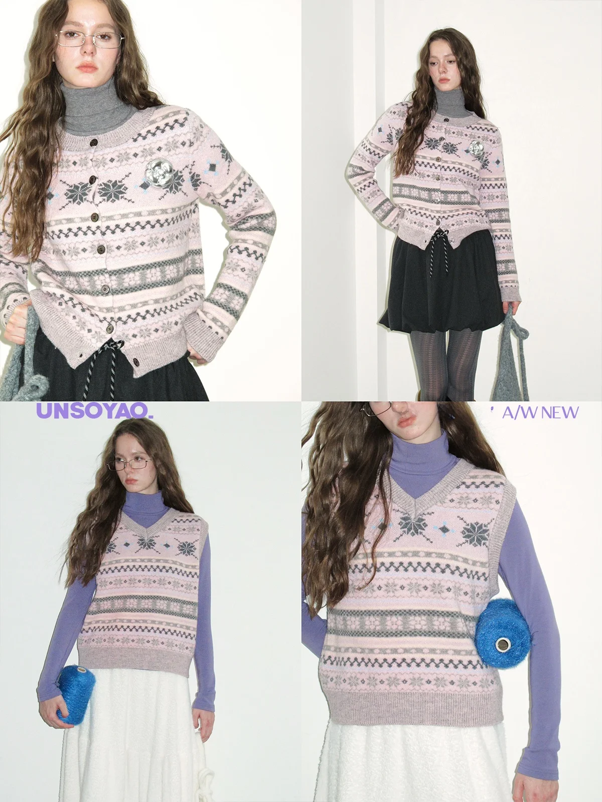 

UNSOYAO Sweet Not Too Much Snow ey Pink Design Vintage Fair Isle Open Cardigan Sweater Vest ort Length Long Sve round ...
