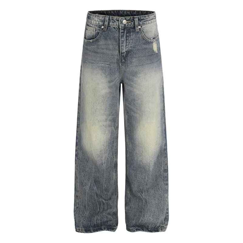 

American Style Washed Burst Pattern Men's Jeans Straight Leg Draped Denim Long Jeans Cool Clean Fit Trousers New