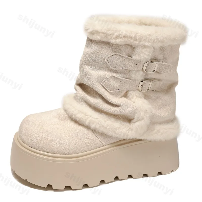 النساء أحذية الثلوج 2025 الشتاء منصة مكتنزة الرجعية الدافئة أفخم أحذية قطنية موضة عدم الانزلاق في الهواء الطلق حذاء من الجلد بوتاس Mujer
