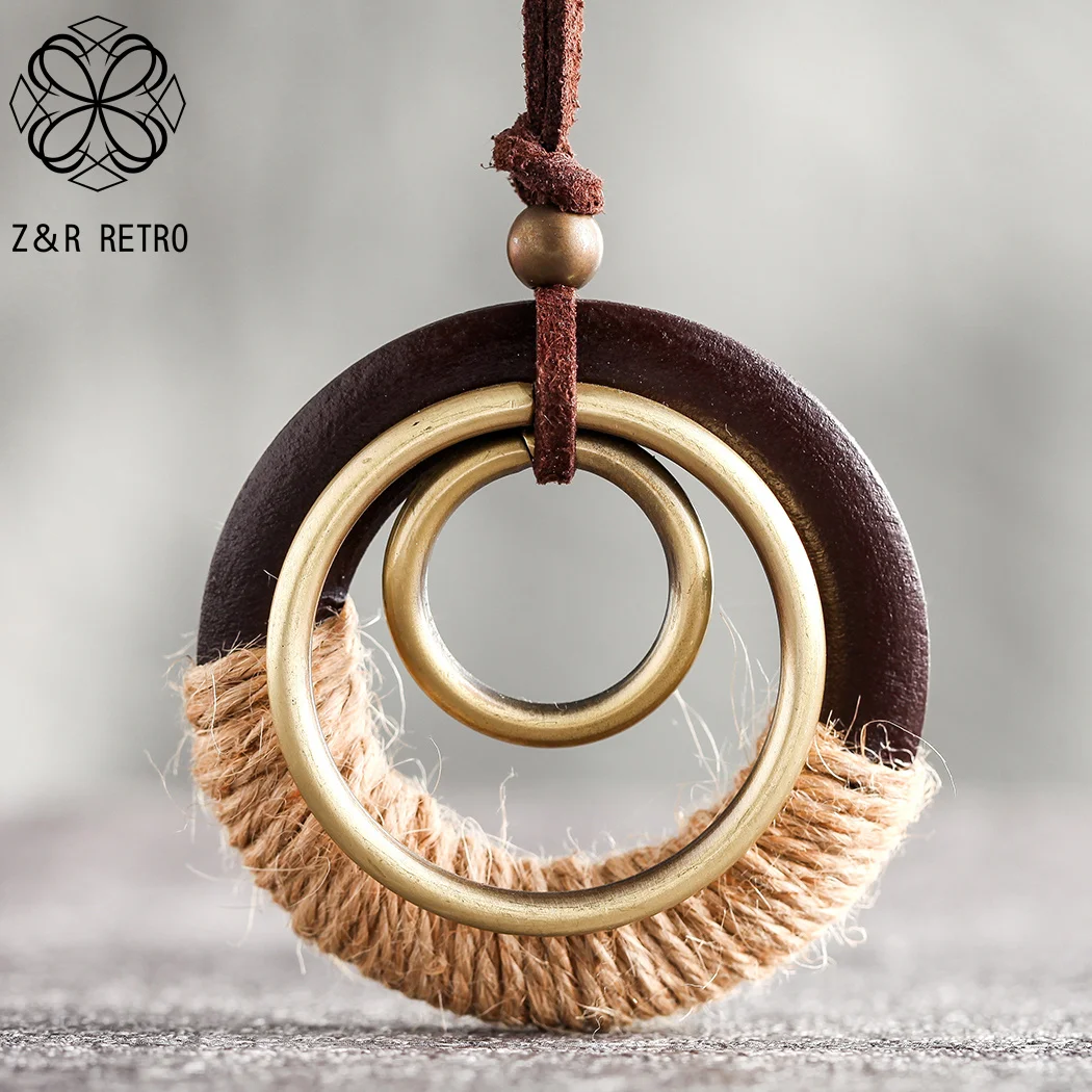 Vintage Wooden Round Necklace Jewelry For Women Modern Long Chains Pendants Korean Fashion Suspension Accessories Dropshipping