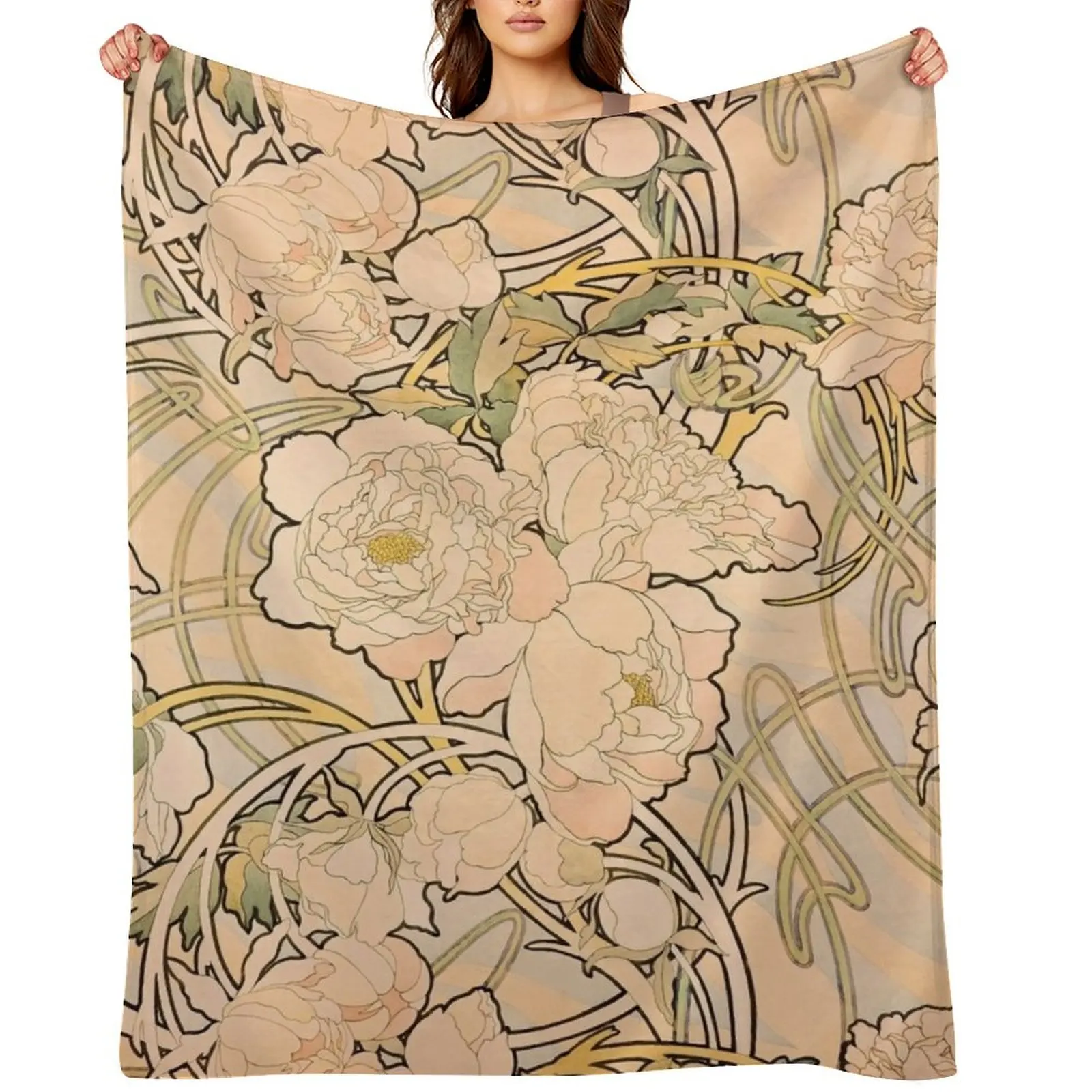 

Alfonse Mucha Art Nouveau Peonies Throw Blanket Sofas Hair Softest Decorative Beds Blankets