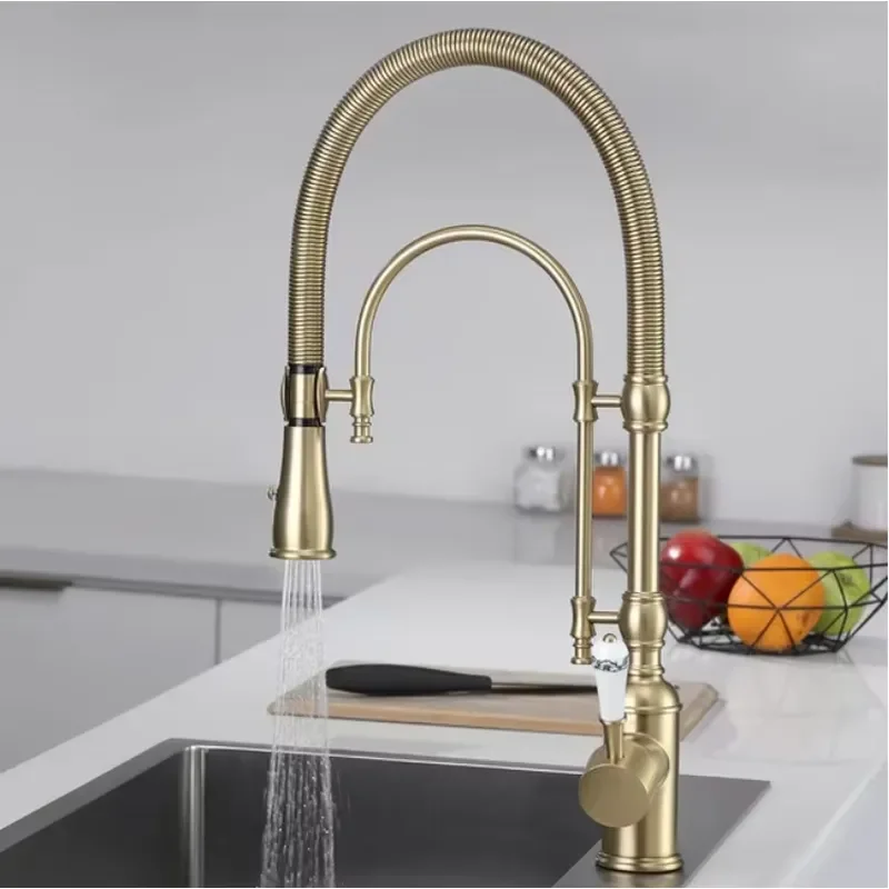 Wholesale Brass European-style Kitchen Faucet Gold Black Multi-functional Spring Sink Washbasin Hot and Cold Pull Out Faucet