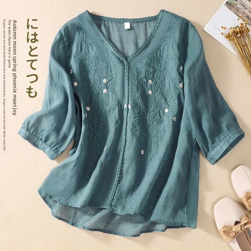 Dun geborduurd katoenen linnen T-shirt groot formaat dames plus maat kant patchwork vijf Sve V Ne onregelmatige linnen top
