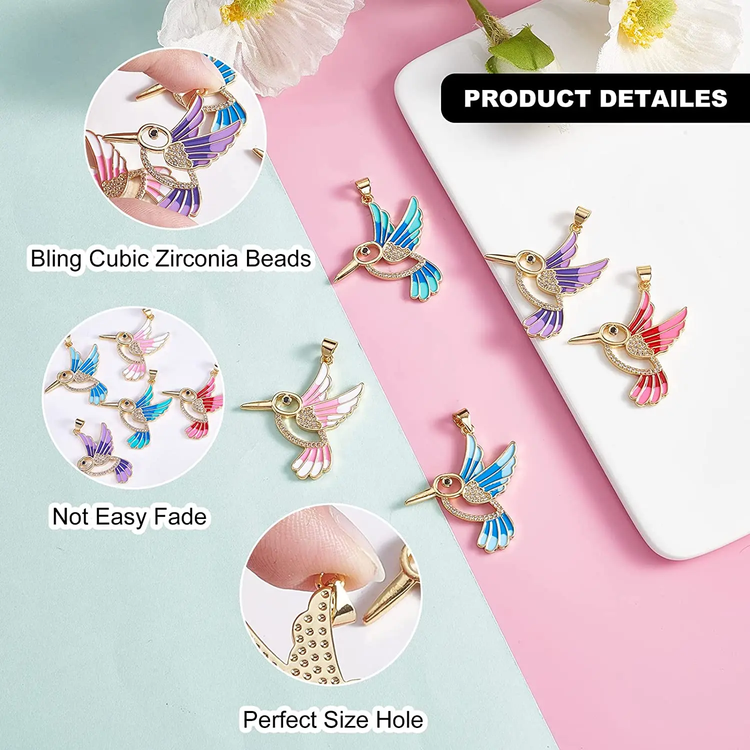 PandaHall 5 Pcs Random Colored Enamel Bird Charm Golden Cubic Zirconia Mini Animal Charms for Jewelry Making