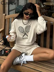 Cutenew Embroidery Women 2 Piece Set Casual Autumn Tracksuits Full Sleeve O-neck Crop Tops+Elastic Waist Shorts Mujer Basic Suit