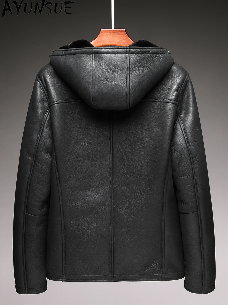AYUNSUE 本物のメリノ羊の毛皮のジャケット男性用フード付き冬本革ジャケット男性ビジネスカジュアル暖かい天然毛皮のコート