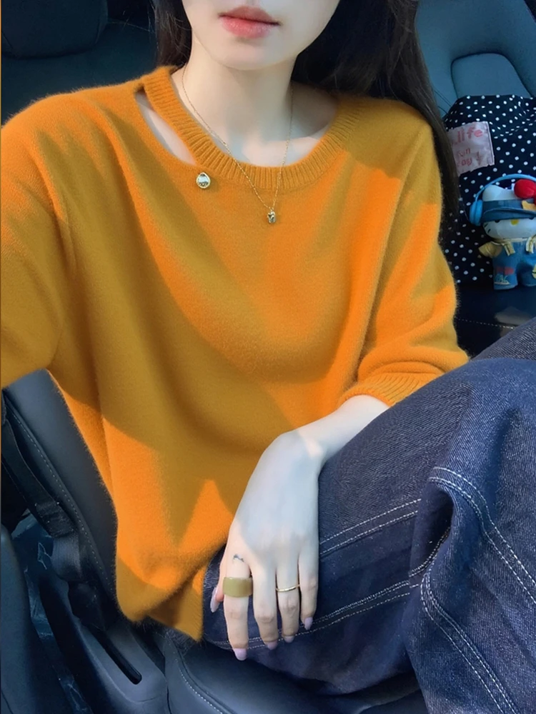 เสื้อสเวตเตอร์ถักทรงหลวม ดีไซน์โปร่ง สำหรับผู้หญิง ฤดูใบไม้ร่วง ฤดูหนาว สไตล์ลำลอง แฟชั่น ทันสมัย ใส่ได้หลายโอกาส คอกลม