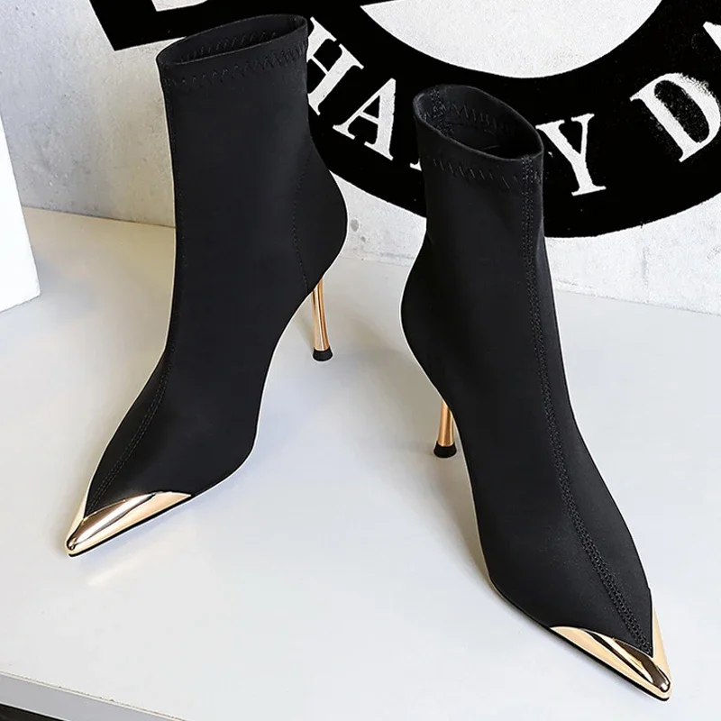 

BIGTREE Winter Metal Pointed Short Boots Women Fashion Elastic Thin Stiletto Heel Ladies Banquet Shoes 5-8cm