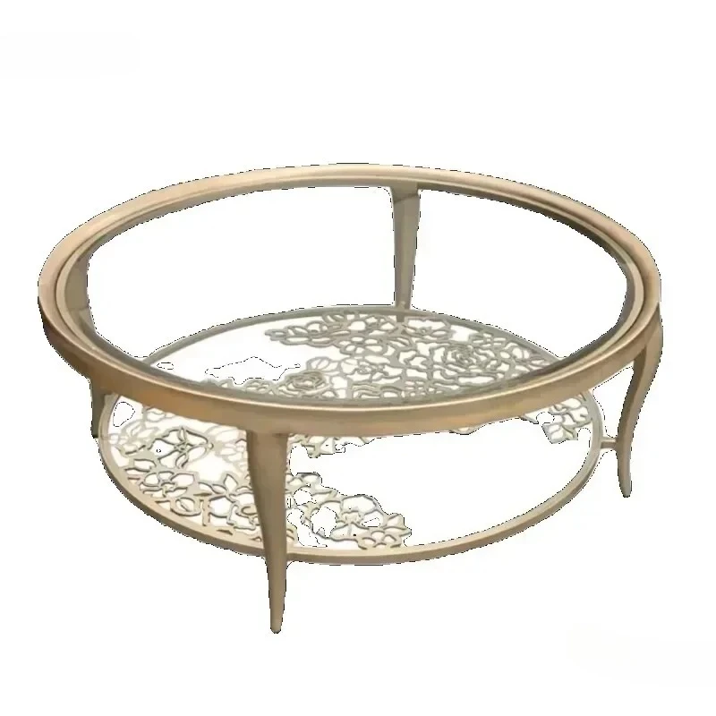 American Modern Solid Wood Coffee Tables Living Room Furniture Stainless Steel Hollow Desk Rose Tempered Glass Side Table k