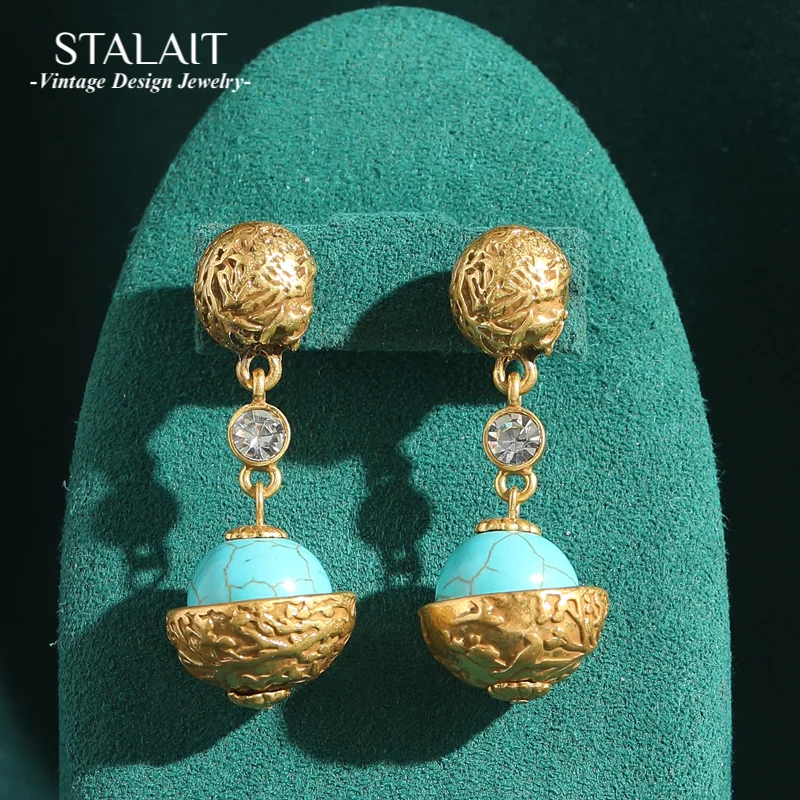 

Vintage Tibetan Turquoise Earring Large Ball Beads Drop Gold Color Accessories Luxury Designer Jewelry Woman High Quality 2025
