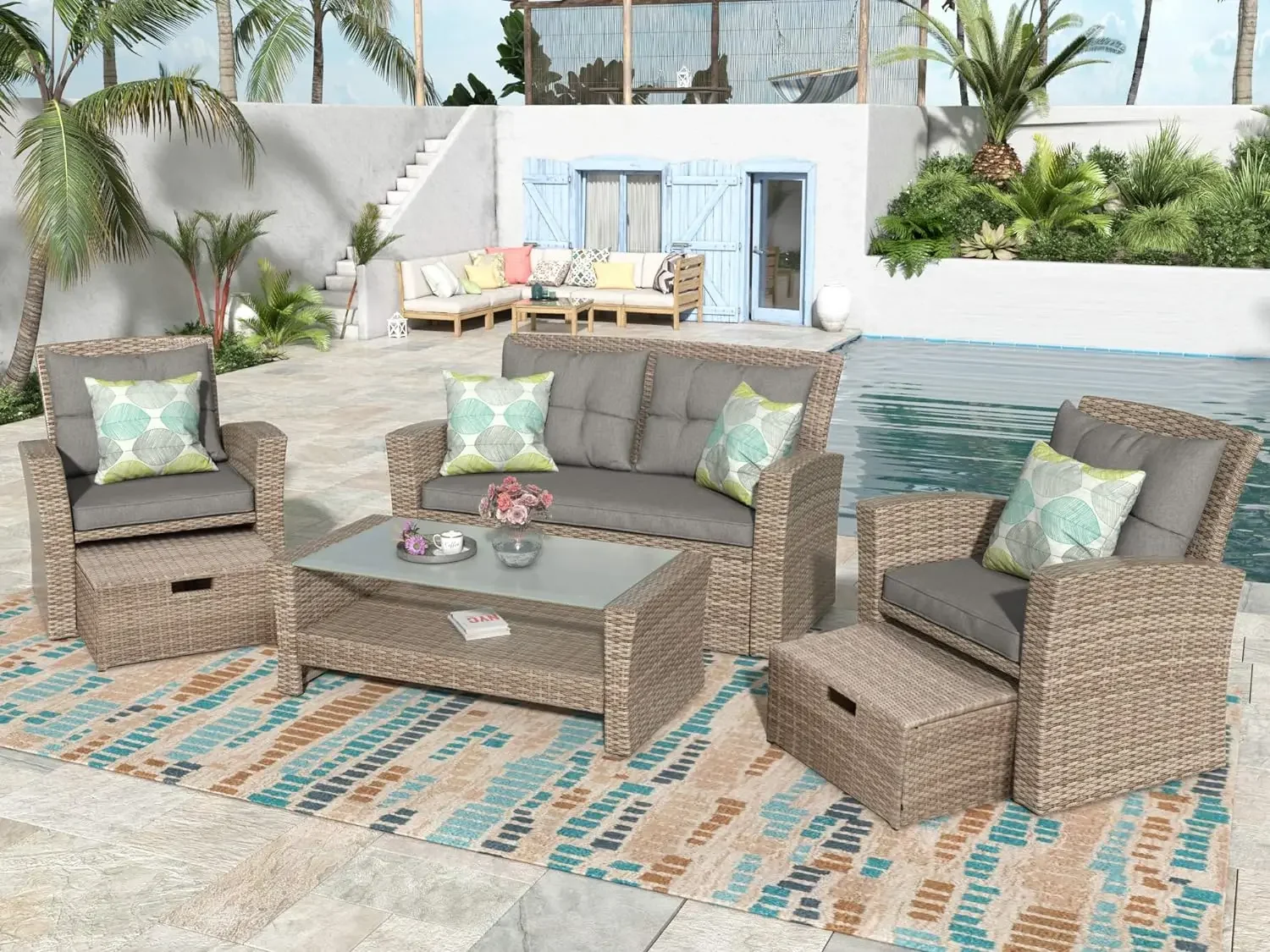 

4-Piece Outdoor Patio Furniture Sets, All Weather Wicker Sectional Sofa Loveseat with Ottoman, Soft Cushions&Glass Table w/Shelf