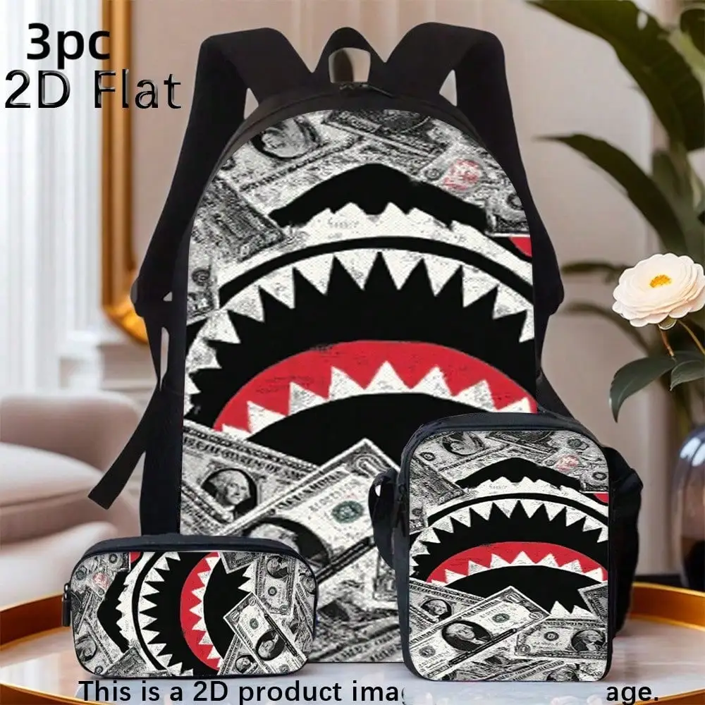 3pcs Backpack Set, Money Shark Mouth Graphic Print, Includes Durable Large-Capacity Bookpack, Crossbody Bag & Multi-Functional Pencil Case, Adjustable Straps And Zipper Compartments, For School, Halloween And Travel