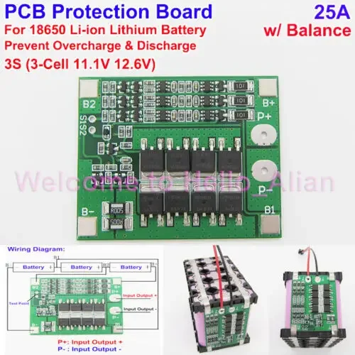 3S 3-cell 11.1V 12.6V 25A W/Balance PCB BMS Protection Board for 18650 Li-ion Lithium Battery