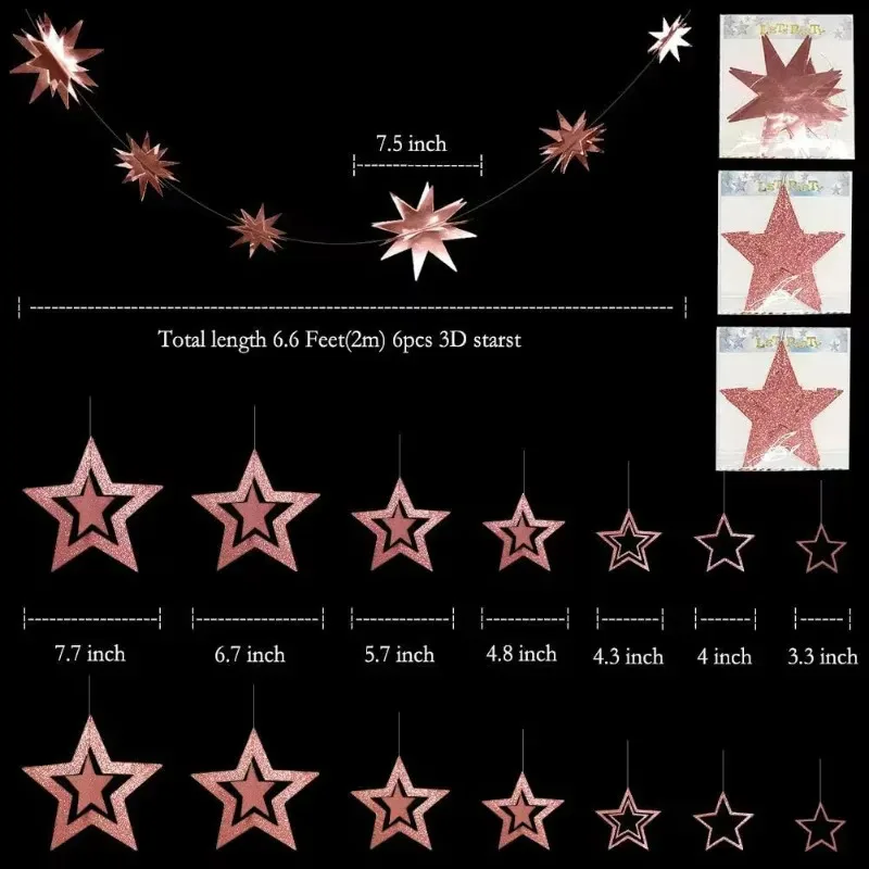 Glitter Rose Gold Twinkle Star Hanging Garlands for Birthday/Baby Shower/Bachelorette/Wedding/Christmas/Graduation Decorations