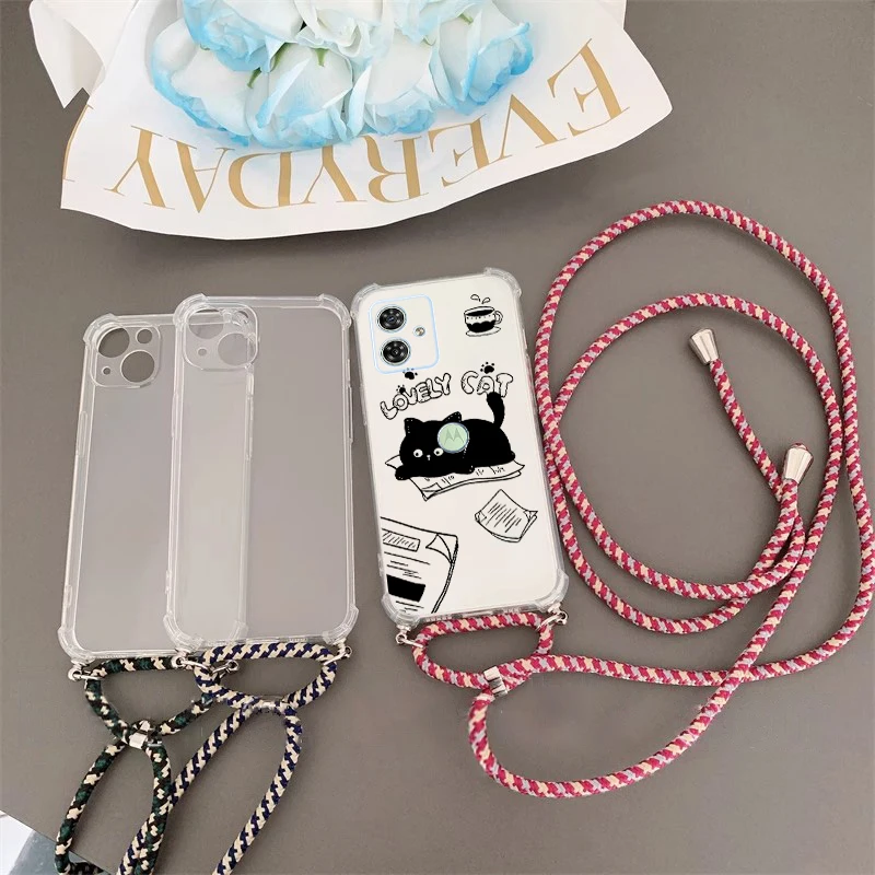 G54 Curious Cat Transparent Lanyard Phone Case For Motorola Moto G54 G34 G32 G24Power G53 G13 G9 G71S G41 G52 G42 G14 G82 Cover