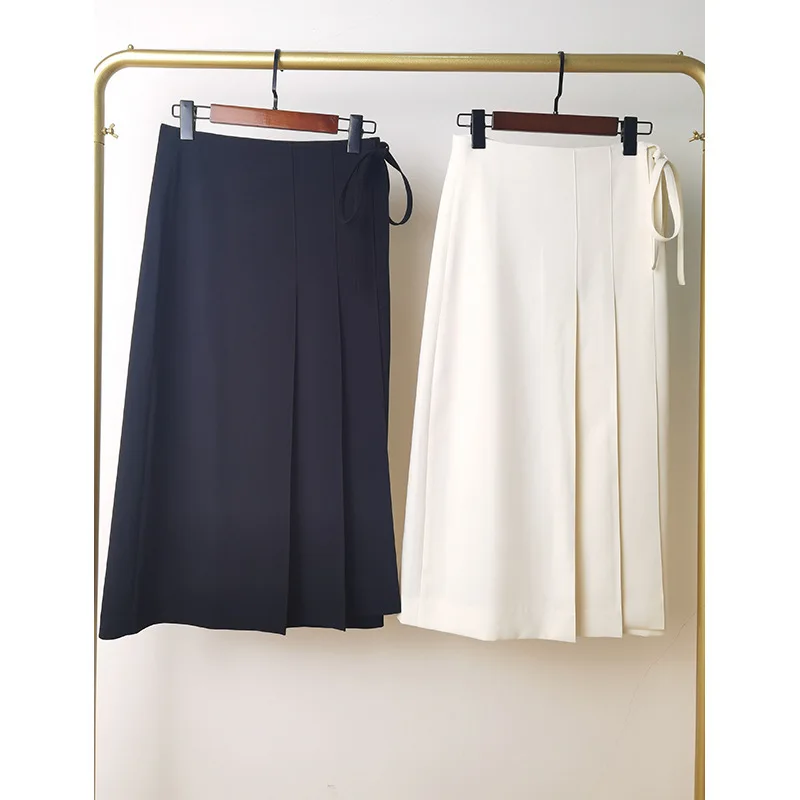 Temperament Commuter Office Lady Mid-length Silk Skirt Double Layer Solid Color One Piece Pleated Skirt  Autumn Winter Skirt