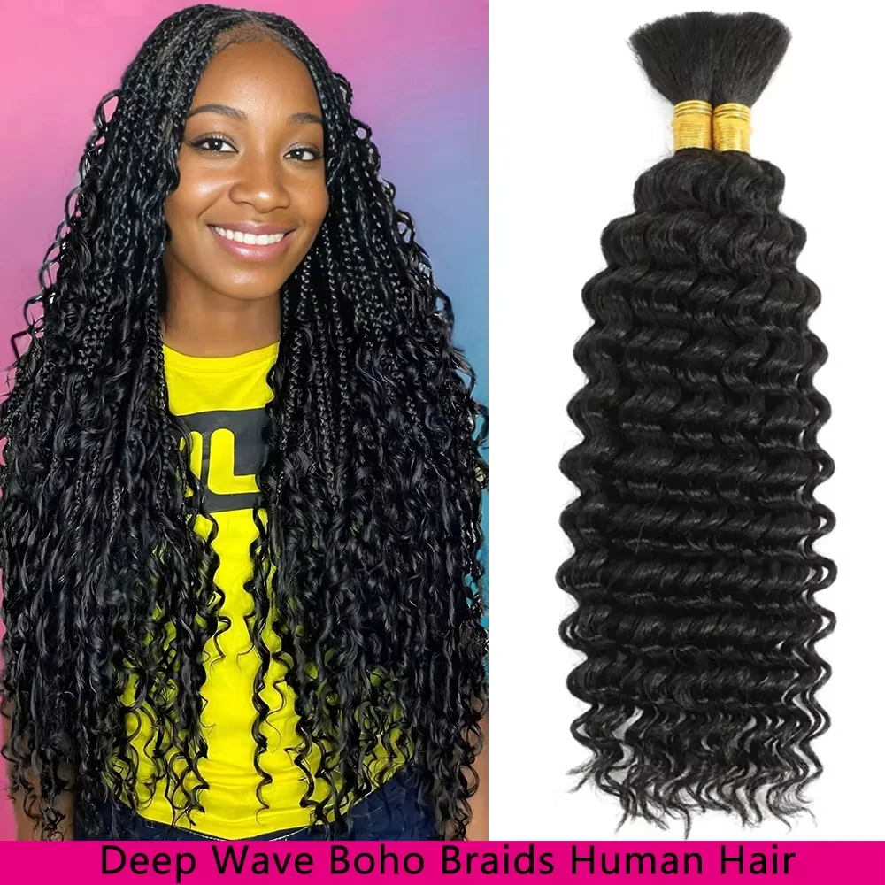 14a boho tranças em massa cabelo humano sem trama 1 3 4 pacote 50/150/200g onda profunda cabelo humano em massa para trança extensões de cabelo tecelagem