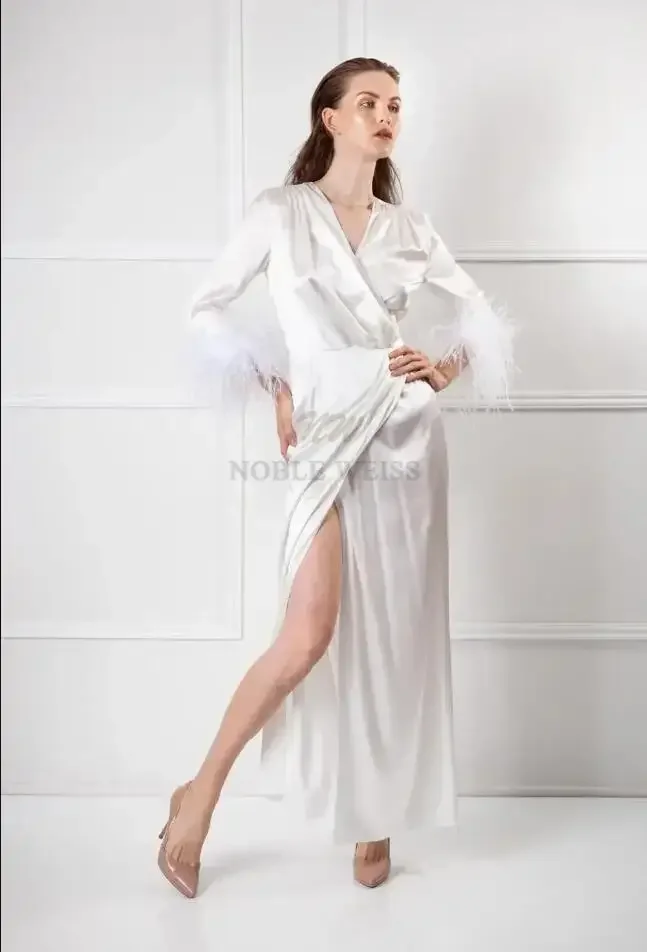 Feather Bathrobe For Women Nightgown Pajamas Sleepwear Long Sleeve Bridal Gowns Wrap Housecoat Nightwear Satin Party Jacket